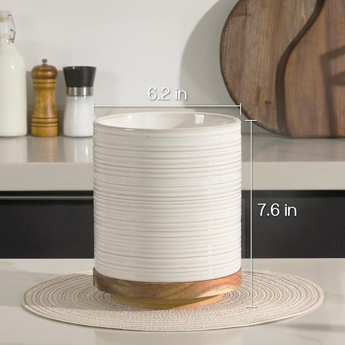 DOWAN 360° Rotating Extra Large Cooking Utensil Holder, 7.6" Kitchen Utensil Holder for Countertop, Utensil Crock for Farmhouse Kitchen Decor, Ceramic Stable Utensil Caddy, Soft White - Image 6