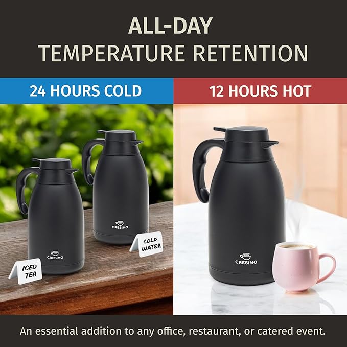 Thermal Coffee Carafe 68 oz by Cresimo – Updated 2025 Model – Insulated Black Stainless Steel Coffee Urn & Drink Dispenser, Keeps Drinks Hot 12h / Cold 36h – Durable & Easy to Pour - Image 2