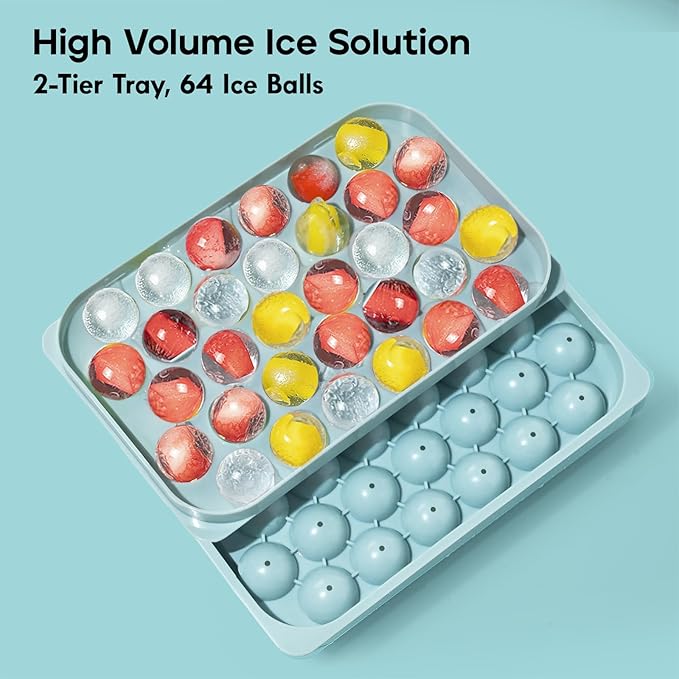 Ice Cube Trays with Lid and Bin, 0.8 IN Small Round Ice Cube Mold - Easy Release Stackable Ice Ball Maker for Cocktail,Whiskey and Drinks, BPA-Free(0.8in/64 balls&box) - Image 2