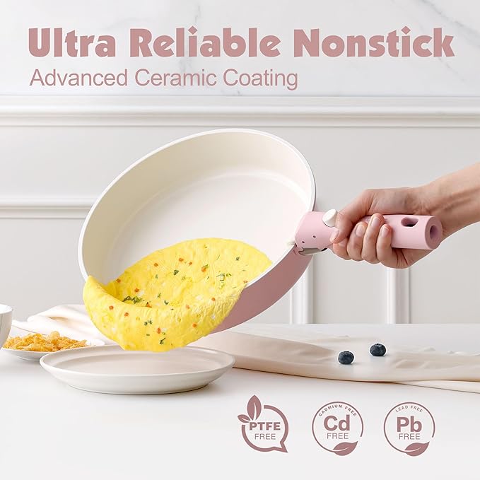 SENSARTE 17 Piece Ceramic Pots and Pans Set, Nonstick Detachable Handle Cookware, Induction Kitchen Cookware Set with Removable Handle, Dishwasher ＆ Oven Safe (Pink) - Image 4