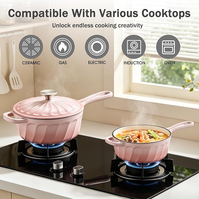 Enameled Cast Iron Sauce Pan, 2 Quart Enameled Saucepan with Lid, Small Cast Iron Pot for All Cooktops Making Pasta Sauce, Gravy, Puddings, Marinate, Boiling (Gradient Pink)
