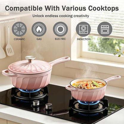 Enameled Cast Iron Sauce Pan, 2 Quart Enameled Saucepan with Lid, Small Cast Iron Pot for All Cooktops Making Pasta Sauce, Gravy, Puddings, Marinate, Boiling (Gradient Pink)