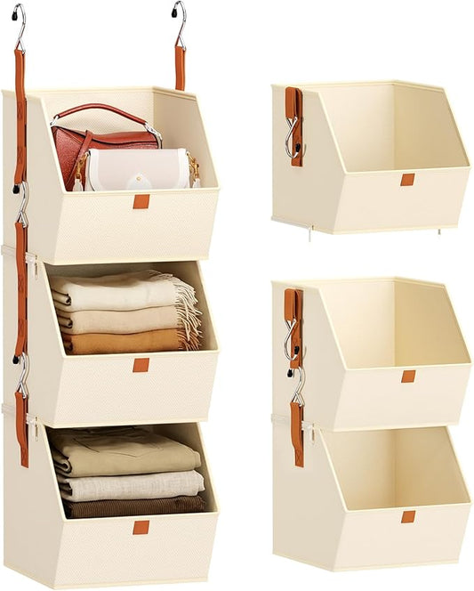 Homsorout Collapsible Hanging Closet Organizer - 3 Tier Closet Shelves Storage System with Hooks, Fabric Hanging Storage Bins for Clothes, Foldable Storage Basket for Laundry, Bedroom, Rv, Beige