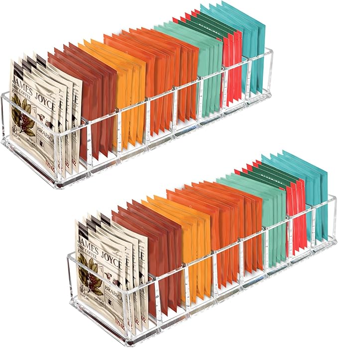 Tasybox Tea Bag Organizer, Clear Acrylic Tea Bag Holder, Tea Packet Storage for Drawer, Pantry, Kitchen, Cabinet, Countertop, 2 Pack by Tasybox