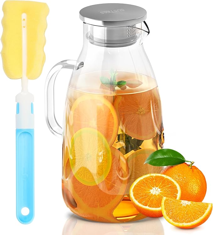 SUSTEAS 3 Liter 101 oz Glass Pitcher with Lid and Nozzle, Cold/Hot Water Glass Water Bottle, Ice Tea Water Jar for Refrigerator, Large Water Jar for Juice, Milk, Coffee or Homemade Drinks,Vase by SUSTEAS