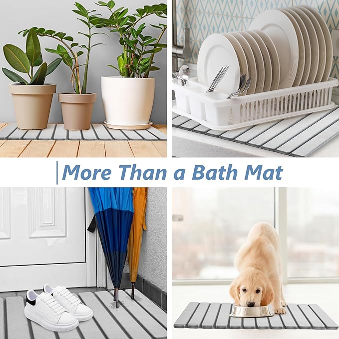 AWW Foldable Stone Bath Mat, Quick Dry Diatomaceous Earth Bath Mat with Non-Slip Mat, Super Absorbent, Easy to Clean, Compact for Small Bathrooms, 31.5 x 15.7, Light Grey - Image 7