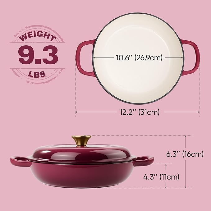 Vintage Style 3 Quart Enameled Cast Iron Braiser, Non Stick Enameled Cast Iron Skillet with Lid, Dutch Oven Skillet with lid up to 500°F for Oven, Stove, Grill, Shallow Dutch Oven for Cook, Bake (Rose) - Image 3