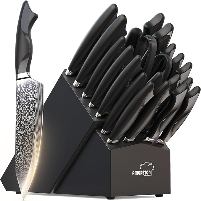 Amorston 22 Pieces Knife Set, Laser Engraved High Carbon Stainless Steel Knife Block Set, Full Tang Professional Kitchen Knife Set with Built-in Sharpener, Mothers Day Gifts for Kitchen by Amorston
