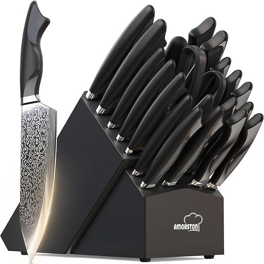 Amorston 22 Pieces Knife Set, Laser Engraved High Carbon Stainless Steel Knife Block Set, Full Tang Professional Kitchen Knife Set with Built-in Sharpener, Mothers Day Gifts for Kitchen by Amorston