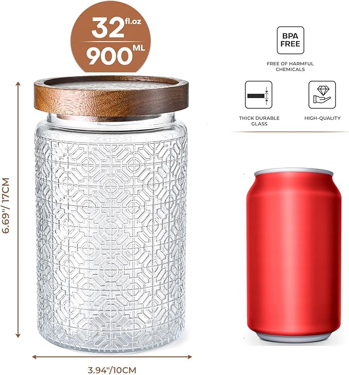 Adodeen 32oz Vintage Glass Jar With Lid, Glass Storage Containers, Airtight Kitchen Storage Containers For Sugar, Coffee, Tea, Spice, Flour, Candy Cookie, Pasta, Cereal, Cute Decorative Jars - Image 3