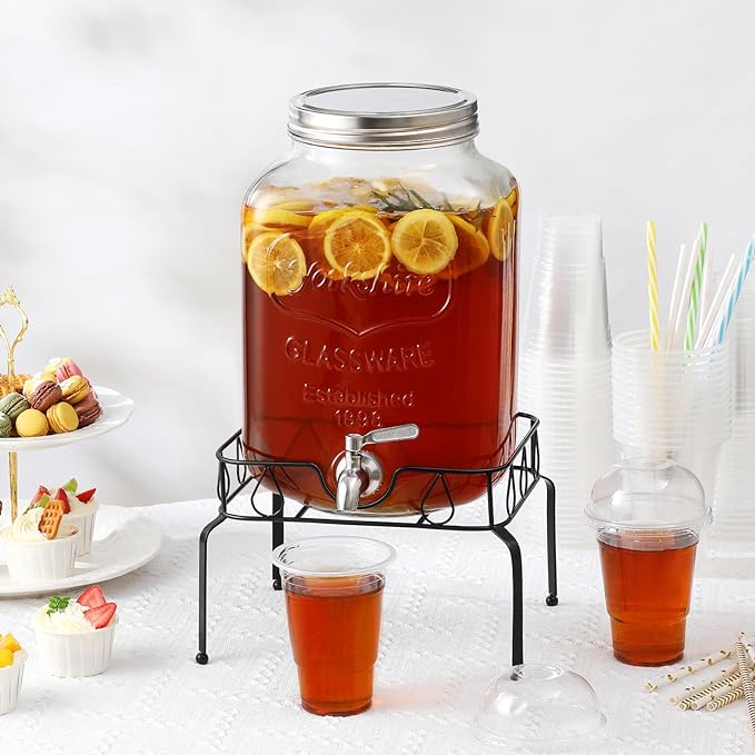 2 Gallon Glass Beverage Dispenser with Stand and Lid, 18/8 Stainless Steel Spigot - Glass Drink Dispensers for Parties - Mason Jar Drink Dispensers with Lids - Image 5