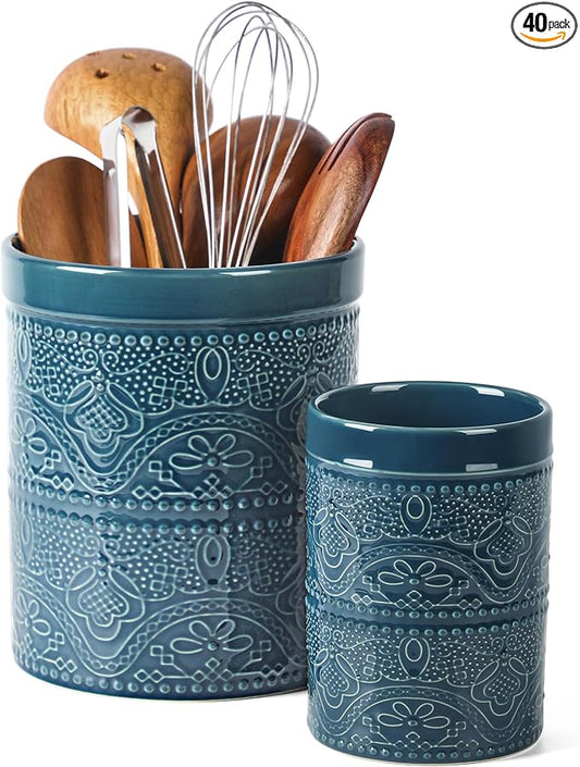 FUN ELEMENTS Kitchen Utensil Holder, 7.2+5.5" Super Large Utensil Crock Heavy and Stable Lace Emboss Ceramic Utensil Holder for Kitchen Counter(2Pcs Grayish Blue) by IntoYourHouseOntoYourTable