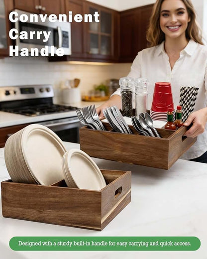 Acacia Wood Utensil Holder for Party (Set of 2) - 11" x 9.5" Utensil Caddy for Parties & Silverware Caddy for Countertop - Holds Plates, Napkins, Cups, Spoons, Forks - Kitchen Accessories - Image 5