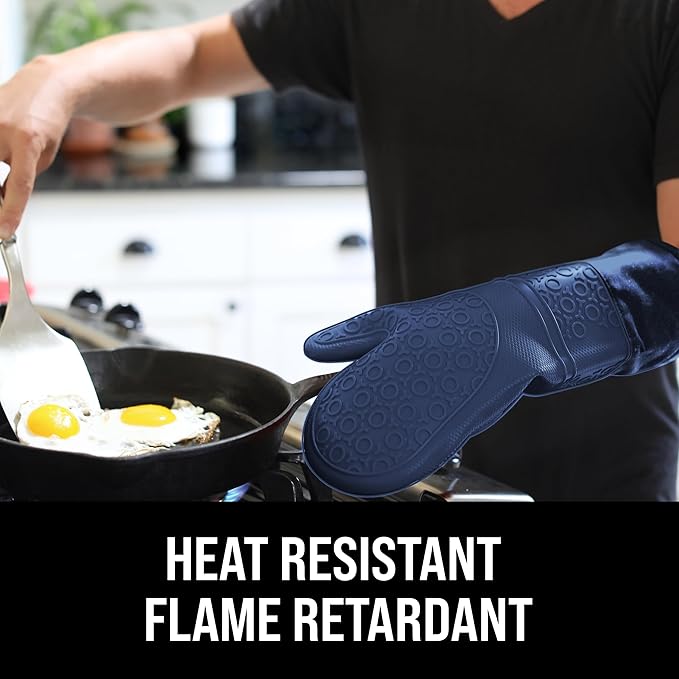 BPA-Free Soft Silicone Oven Mitts - Ultra Heat Resistant Oven Mitts with Thick Cotton Liner - Extra Long Slip Resistant Pot Holders, Flexible Oven Gloves - Navy 14.7" - Image 3