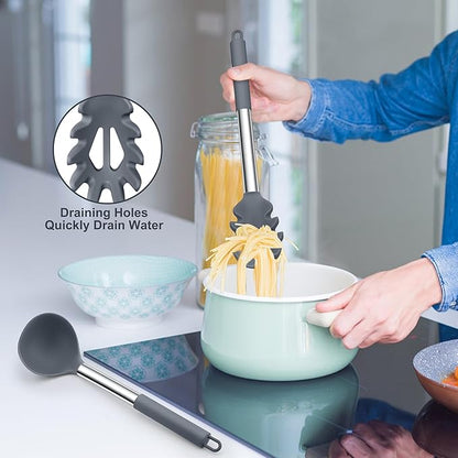 TeamFar Silicone Kitchen Utensils, 2 Pcs Large Nonstick Soup Ladle and Pasta Fork for Cooking Mixing Serving Soup, Sauce, Spaghetti, Eggs, Non-Toxic & Heat-Proof, Dishwasher Safe, Light Grey - Image 5