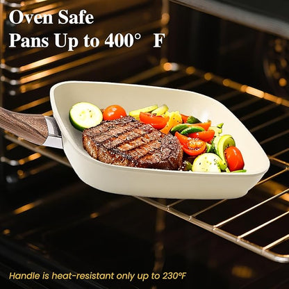 3 Pcs Pots and Pans Set, Nonstick & Non-Toxic Healthy Pots and Pans with Wooden Handle, Durable Skillet Indoor & Outdoor Use, All Stovetops Compatible, PFOA Free, White