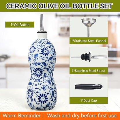 20oz Vintage Ceramic Olive Oil Dispenser Bottle, Gourd Shape Blue and White Porcelain Oil Bottle with Spout and Funnel,Drip-Free Cruet, for Oil, Vinegar, Soy Sauce, Coffee Syrup, Liquids