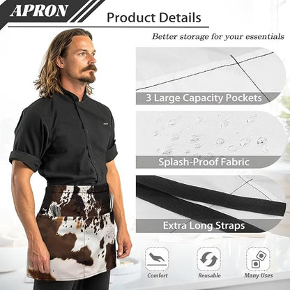 Server Apron with 3 Pockets, Waterproof Oil Waitress Waiter Half Apron for Restaurant Hotel Kitchen Cafe