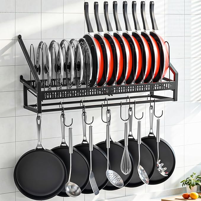 Housolution Pan Rack Wall Mounted, 24.8" Vertical Lid Organizer with 14 Adjustable Dividers, Heavy Duty Hanging Cookware Holder Hanger with 6 S-Hooks & 6 Vertical Hooks by Housolution