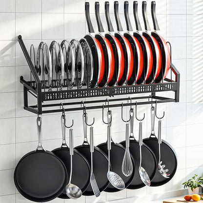 Housolution Pan Rack Wall Mounted, 24.8" Vertical Lid Organizer with 14 Adjustable Dividers, Heavy Duty Hanging Cookware Holder Hanger with 6 S-Hooks & 6 Vertical Hooks by Housolution