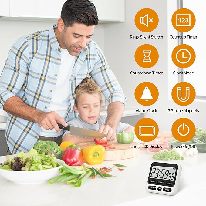 NKOVE Digital Kitchen Timer 24 Hour Clock and Alarm Function with Silent or Alarm Manual Switching Count UP or Down and Memory Function for Cooking, Baking, Meeting - Image 3