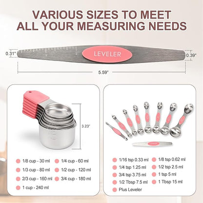 16-Piece Stainless Steel Measuring Cups and Spoons Set, Strong Magnetic Nesting Design 7 Cups 8 Spoons with Leveler, Double Measurement Markings for Dry & Liquid Ingredients, Pink