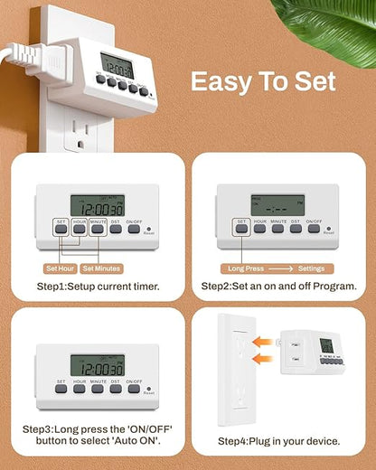 BN-LINK Indoor Digital Timer Outlet,24 Hour Light Timer Easy Programmable,Mini 2 Prong Plug in Timers for Electrical Outlets,Lamps,Fans,2 On/Off Programs,2 Pack,15A/1875W, ETL Listed - Image 5