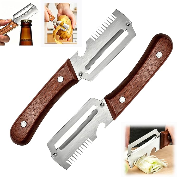 2PCS Multi-Functional Vegetable Peeler for Kitchen with Wooden Handle and Bottle Opener, 3 in 1 Stainless Steel Green Onion Slicer Kitchen Gadgets Tool for Fruit Veggie Potato Pumpkin Apple Carrot by Unknown