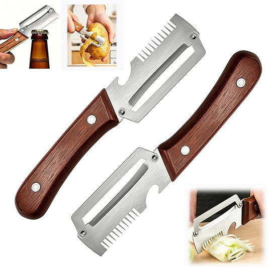 2PCS Multi-Functional Vegetable Peeler for Kitchen with Wooden Handle and Bottle Opener, 3 in 1 Stainless Steel Green Onion Slicer Kitchen Gadgets Tool for Fruit Veggie Potato Pumpkin Apple Carrot by Unknown