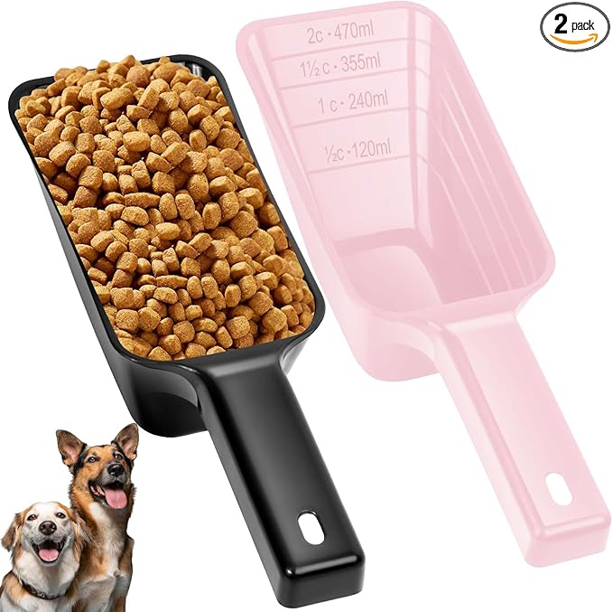 2 Cup Dog Food Scoop(2 Pack), Plastic Pet Food Scoop with Measuring Lines for Accurate Pet Food Portions,Dishwasher Safe (Black and Pink) by Aosnare