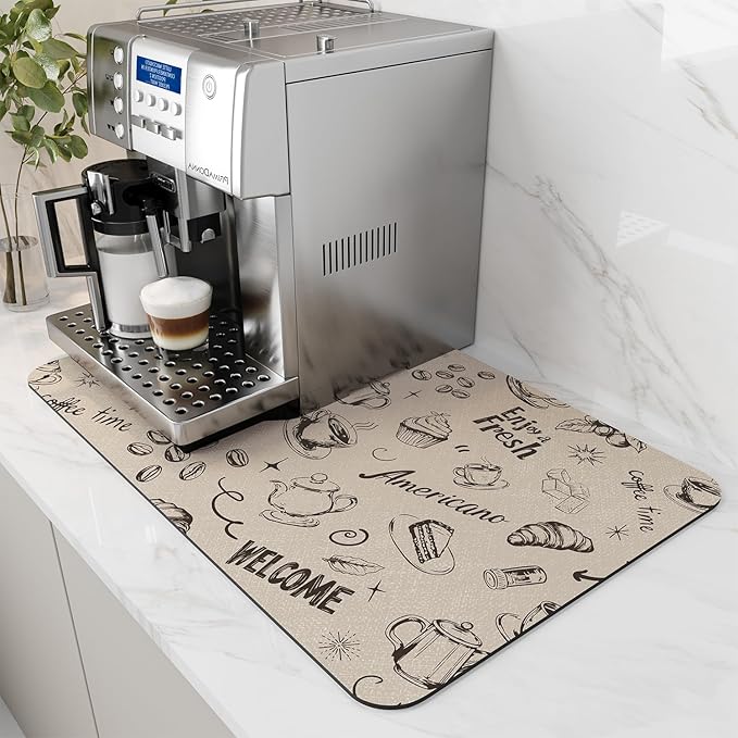 AMOAMI Coffee Mat Hide Stain Rubber Backed Absorbent Dish Drying Mat for Kitchen Counter - Fits Under Coffee Maker & Espresso Machine (12x19, Milk Tea) by AMOAMI
