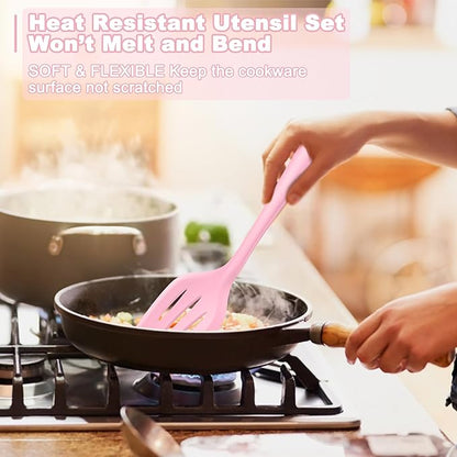 E-far Pink Silicone Cooking Utensils Set, 10-Piece Kitchen Utensil Set for Nonstick Cookware, Silicone Kitchen Tools with Spatula Turner Spoon Tongs Whisk, Heat Resistant & Non-Toxic, Dishwasher Safe - Image 5