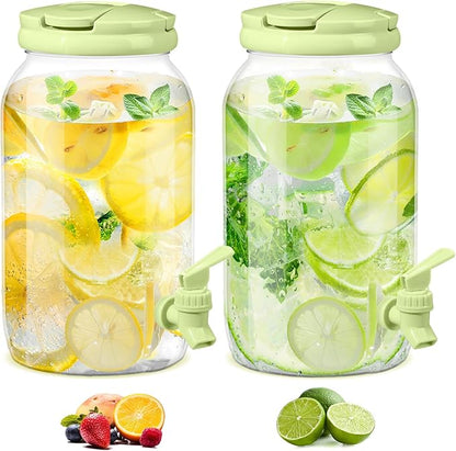 Havawish 2 Pcs 1 Gallon Plastic Beverage Dispenser with Spigot Clear Summer Kitchen Fridge Drink Dispenser for Parties Lemonade Juice Tea Beer Cold Water(Green,Cylinder)