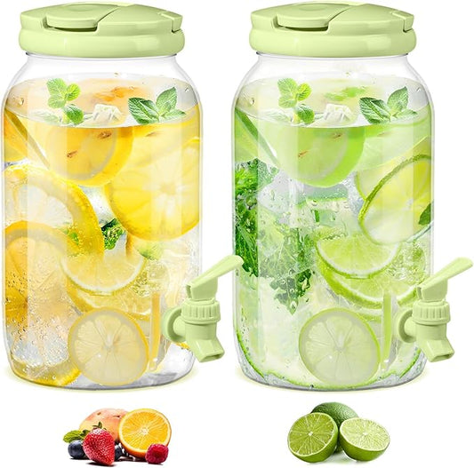 Havawish 2 Pcs 1 Gallon Plastic Beverage Dispenser with Spigot Clear Summer Kitchen Fridge Drink Dispenser for Parties Lemonade Juice Tea Beer Cold Water(Green,Cylinder)