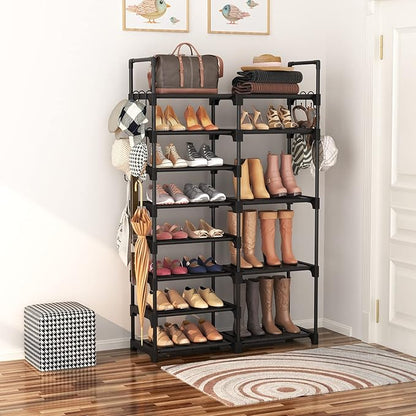 ROJASOP Shoe Rack Organizer, 8-Tier Metal Shoe Rack for Closet Entryway Garage, 26-32 Pairs Tall Shoe Boot Storage Shelf with 15 Hooks, Stackable Large Shoe Stand - Image 2