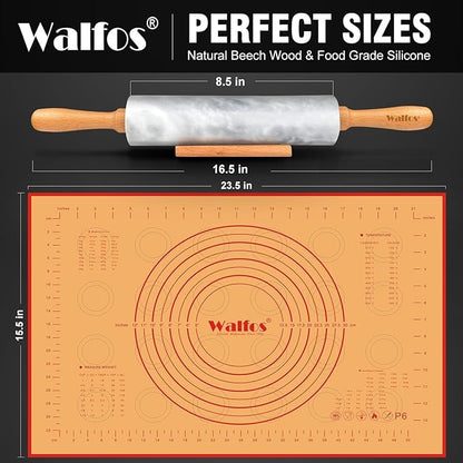 Walfos Marble Rolling Pin Set With Non Stick Silicone Pastry Mat, 16.5 Inch Dough Rolling Pins For Making Pizza, Tortillas And Cookies, Backing Rolling Pin For Pie Crust, Pizza, Pasta (Gray & White) - Image 3