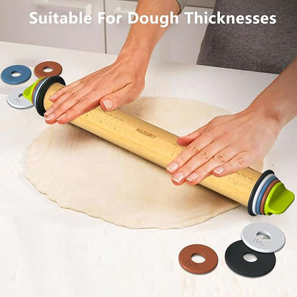 Rolling Pin with Adjustable Thickness Ring and Silicone Baking Mat for Baking, Fondant,Pizza,Pie,Cookies,Pastries,13.6"Wooden Rolling Pin Dough Roller with 4 Multi-Color Thickness Rings - Image 2