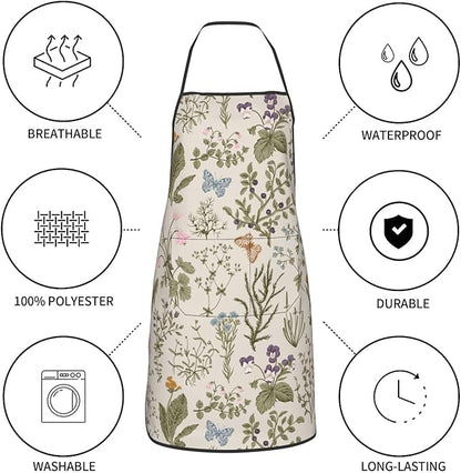 Vintage Wildflower Herbs Floral Rustic Butterfly Oven Mitts Pot Holders Cooking Apron Set of 5 Silicone Kitchen Glove Apron Non-Slip Heat Resistant for Chef Baking Cooking Grilling BBQ