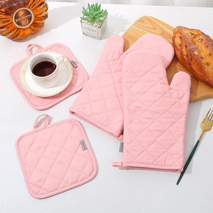 Oven Mitts and Pot Holders 4 pcs Set,High Heat Resistant 500 Degree Extra Thicken Long Kitchen Cotton Oven Glove for Cooking (12 Inch,Pink)… - Image 4