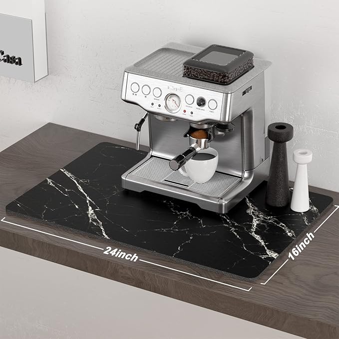 Rnivvi Coffee Mat, 16" x 24" Cute Marble Style Coffee Bar Mats for Espresso Machine Station Accessories and Organizer, Hide Stain Rubber Backed Absorbent Dish Drying Pad for Kitchen Counter, Black - Image 2