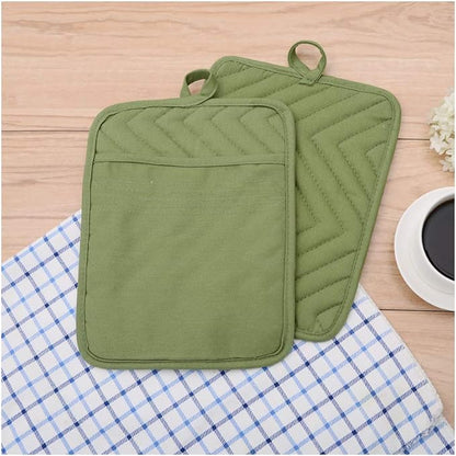 Anyi Heat Resistant Pot Holders, Cotton Hot Pads for Counter & Table, Green with Pocket - Image 2