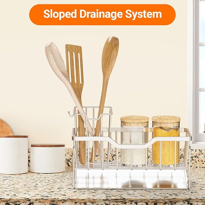 StorageRight Kitchen Sink Caddy Organizer, Rustproof Sponge Holder for Kitchen Sink, Instant Dry High Brush Holders with Drain Tray, Anti-Slip Sink Storage Organization Essentials, Silver - Image 7