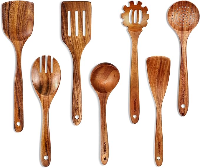 Mooues Wooden Spoons for Cooking, Wooden Utensils for Cooking Natural Teak Wooden Kitchen Utensils Set Comfort Grip (7 PCS SET) by Mooues