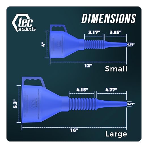 TEC Products FlexAll Long Flexible Funnels - Automotive Oil Funnel with Hose, Durable Nitrile Rubber for Oil Change, Transmission Funnel Fluid, Diesel, Fuel, Gas - Made in USA - Blue (16 x 5 Inches) - Image 4