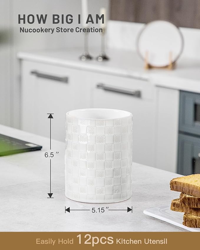 Nucookery 6.4'' Utensil Holder - Ceramic Utensil Holder for Kitchen Counter, Large Capacity Countertop Storage, Farmhouse Style Utensil Crock Organizer for Spoons, Spatulas & Cooking Tools - Image 2