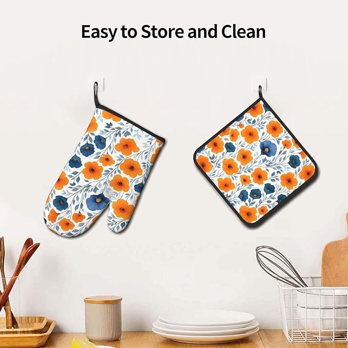 Spring Orange Blue Floral Oven Mitts and Pot Holders Sets of 3, Heat Resistant Non-Slip Burnt Orange Navy Flowers Kitchen Gloves Hot Pads for Cooking BBQ Grilling, Chef Baking Gifts for Women Baker - Image 5