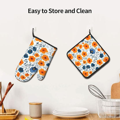 Spring Orange Blue Floral Oven Mitts and Pot Holders Sets of 3, Heat Resistant Non-Slip Burnt Orange Navy Flowers Kitchen Gloves Hot Pads for Cooking BBQ Grilling, Chef Baking Gifts for Women Baker - Image 5