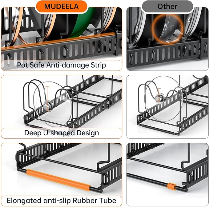 MUDEELA Pots and Pans Organizer Rack for under Cabinet, Expandable Pot Lid Kitchen Cabinet Organizer Holder with 14 Adjustable Compartment Cutting Board Organizer for Pan Lid, Bakeware - Image 4