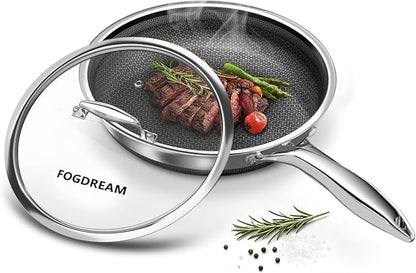 FogDream 10 Inch Nonstick Frying Pan with Lid, Honeycomb Hybrid Stainless Steel Skillet, Tri-Ply Induction Compatible, Non Toxic Frying Pan, Oven Safe, Dishwasher Safe, Silver by FogDream