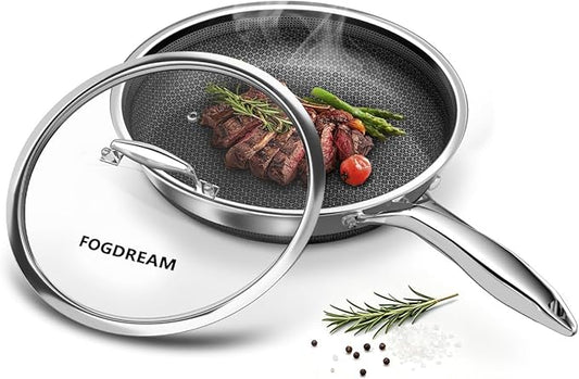 FogDream 10 Inch Nonstick Frying Pan with Lid, Honeycomb Hybrid Stainless Steel Skillet, Tri-Ply Induction Compatible, Non Toxic Frying Pan, Oven Safe, Dishwasher Safe, Silver by FogDream